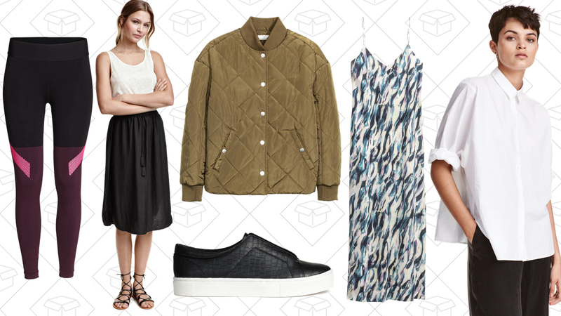 Seamless Sports Tights, $15 | Drawstring Skirt, $13 | Quilted Jacket, $25 | Slip-On Shoes, $25 | Patterned Silk Dress, $80 | Premium Cotton Shirt, $15